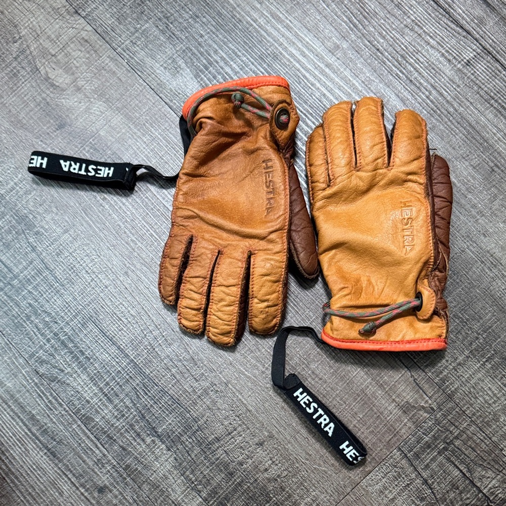Hestra Men's Two-Tone Leather Gloves in Tan and Brown with Orange Trim